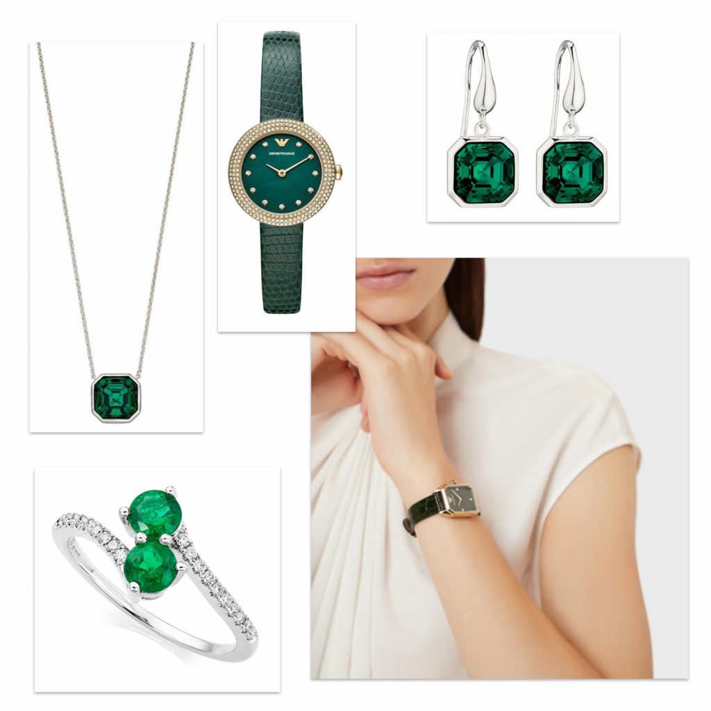 Product images of white gold emerald duo ring, sterling silver crystal necklace and drop earrings and Emporio Armani green leather strap watch.
