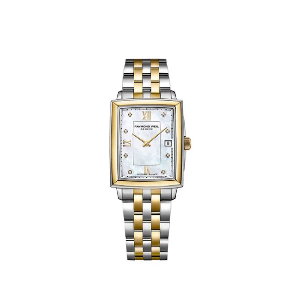 raymond weil ladies rectangle shaped watch with steel and gold finish along with a mother of pearl dial and gold hands, also diamonds for hour markers