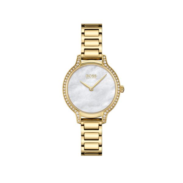 gold plated Boss watch that has a mother of pearl dial and crystal on the case 