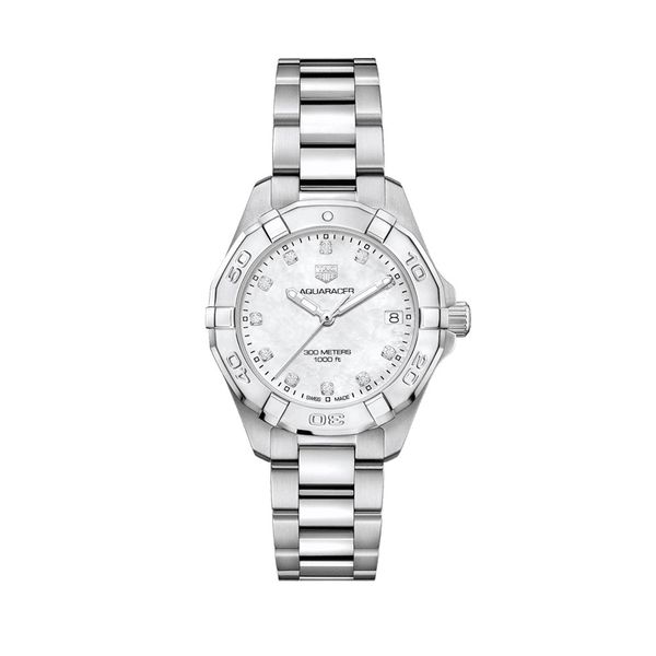 ladies sporty TAG Heuer aquaracer watch made in steel with large bezel mother of pearl dial and diamonds as hour markers 