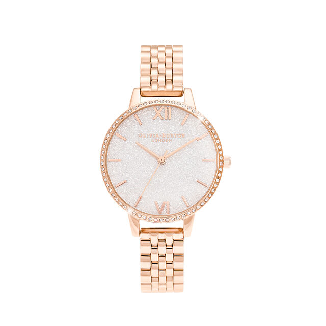 rose gold coloured olivia burton watch with sparkly dial and crystals n the case of the bracelet watch. 