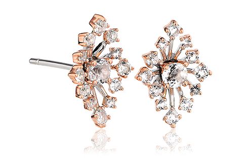 silver and rose gold ear studs with with white topaz stones in a sparkle flowers effect. 
