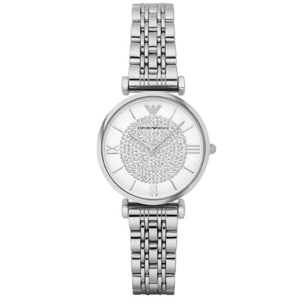 steel Armani ladies bracelet watch with a white dial with many white crystals in a circular pattern on the dial. 