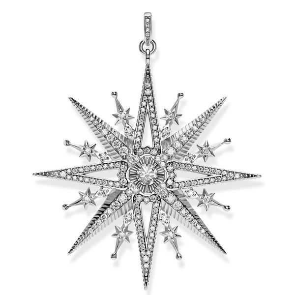large silver Thomas sabo star pendant made up of lots of white crystals and smaller stars
