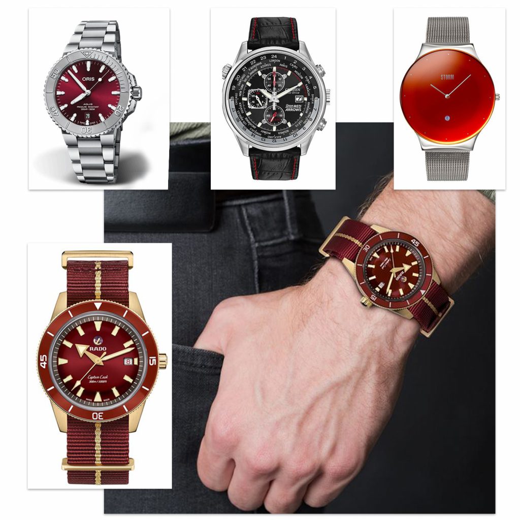 Product images of Oris Aquis Date watch, Storm Terelo watch, Citizens red arrows chronograph watch and Rado captain cook red NATO strap watch. Alongside an image of Rados watch on a models wrist.