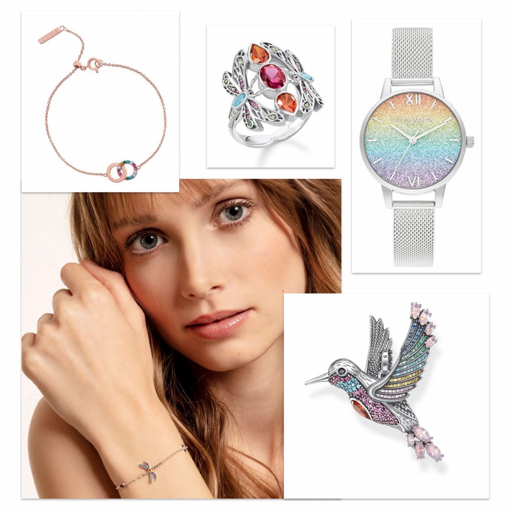 Product images showing Olivia Burton rainbow interlink bracelet, sparkle wonderland watch and Thomas Sabo hummingbird pendant and dragonfly ring. A model image showing a dragonfly bracelet.