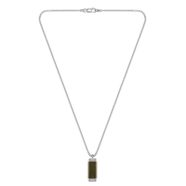 Mens two-tone textured pendant on chain, finished with the signature Boss branding.