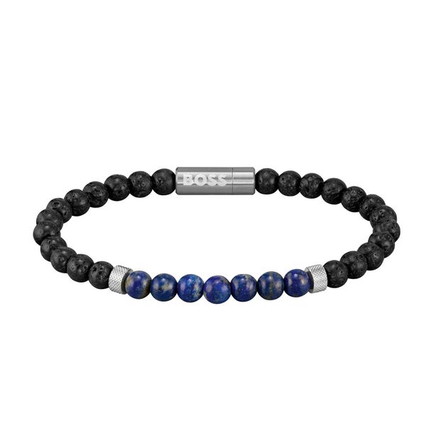 Mens black and lapis beaded Boss bracelet with magnetic clasp. 