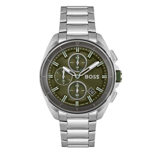 Green dial mens Boss stainless steel chronograph bracelet watch.
