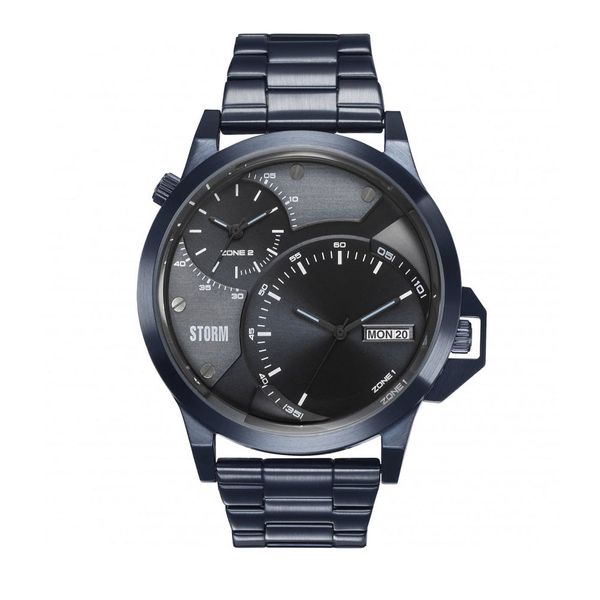 Blue Storm London gents watch with dual time watch display, presented on a blue bracelet. 