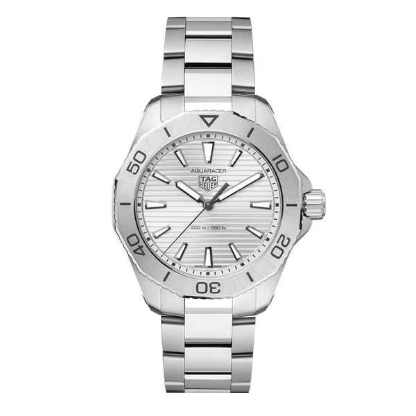 Stainless steel mens TAG Heuer Professional 200 watch, with silver bracelet and dial.