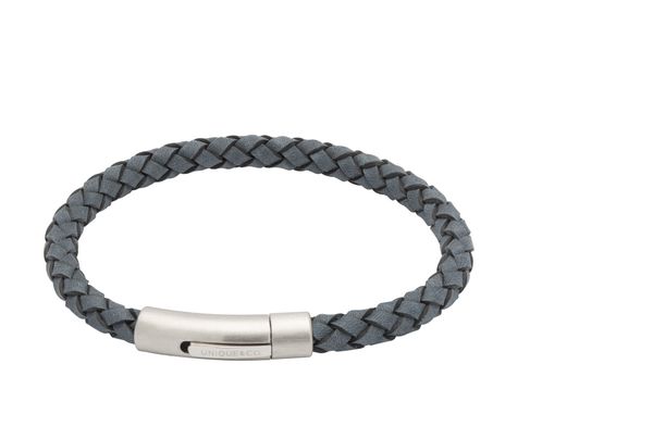 Mens blue plaited leather bracelet with polished clasp. 