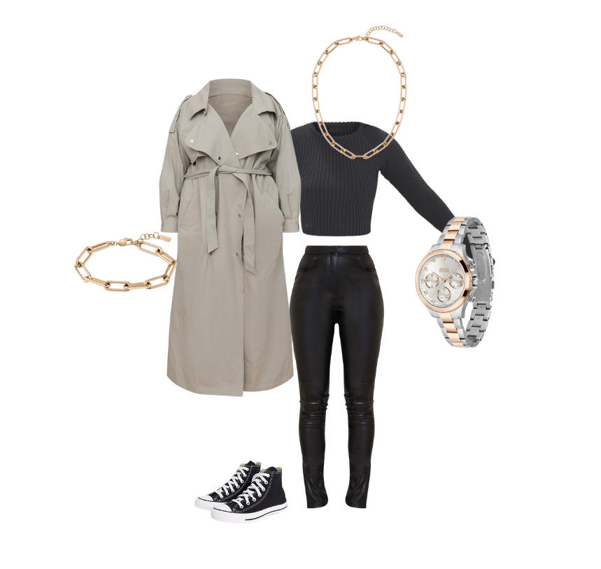 Rose gold toned BOSS chunky chain and bracelet with bi-colour two tone watch, pictured with a long trench coat and black leggings and top.