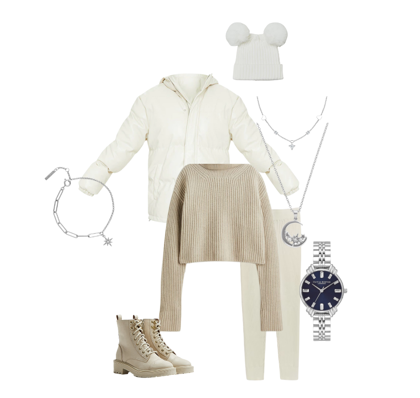 Neutral coloured winter leggings and jumper outfit with beige boots. Olivia Burton navy blue dial watch with a silver necklace, earrings and bracelet.