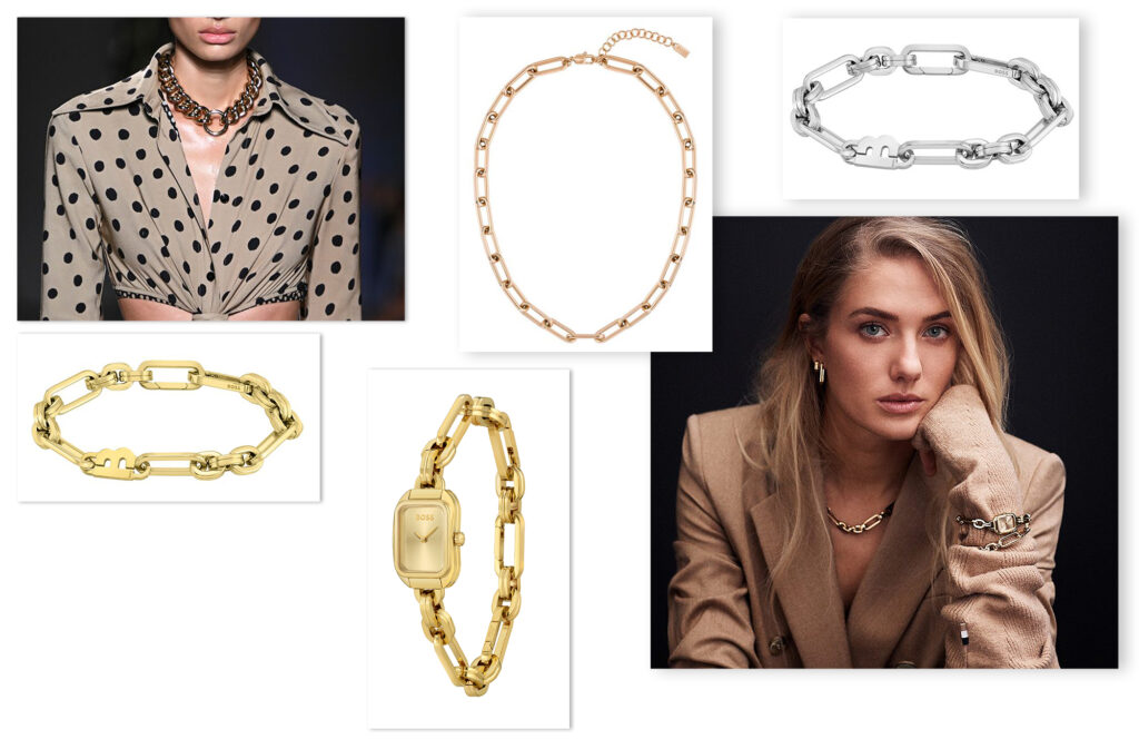 Compilation of images displaying model and product imagery of chain jewellery.