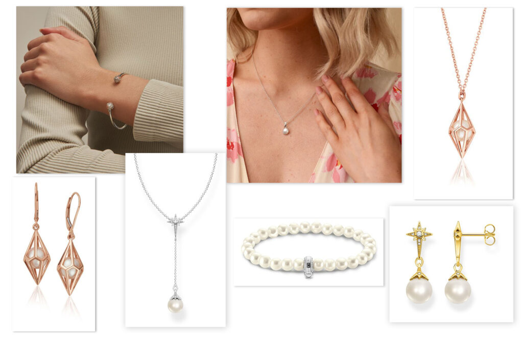 Compilation of images displaying model and product imagery of pearl jewellery.