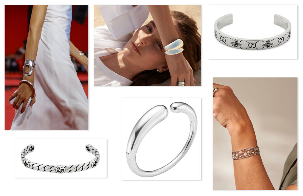 Compilation of images displaying model and product imagery of bangles.