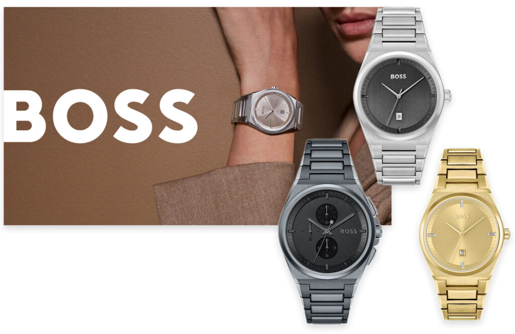Compilation of images featuring a BOSS watch on a models wrist and three watch product images.