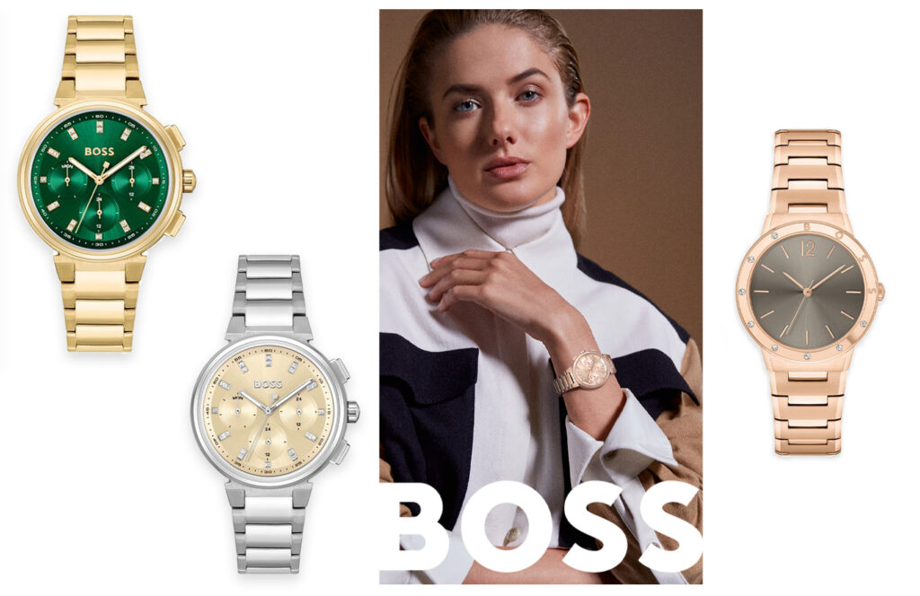 A compilation of images featuring BOSS ladies watches.

