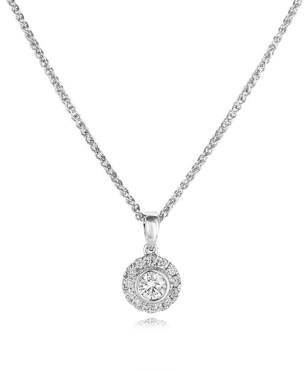 a white gold chain with a round whit gold pendant with a round brilliant cut diamond that is surrounded in a halo effect of smaller whit diamonds 