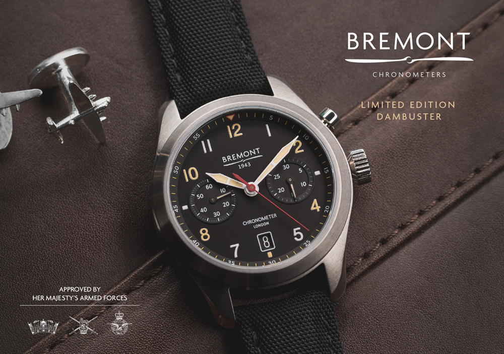 Bremont Dambuster Limited Edition watch laid on a leather backing with silver cufflinks