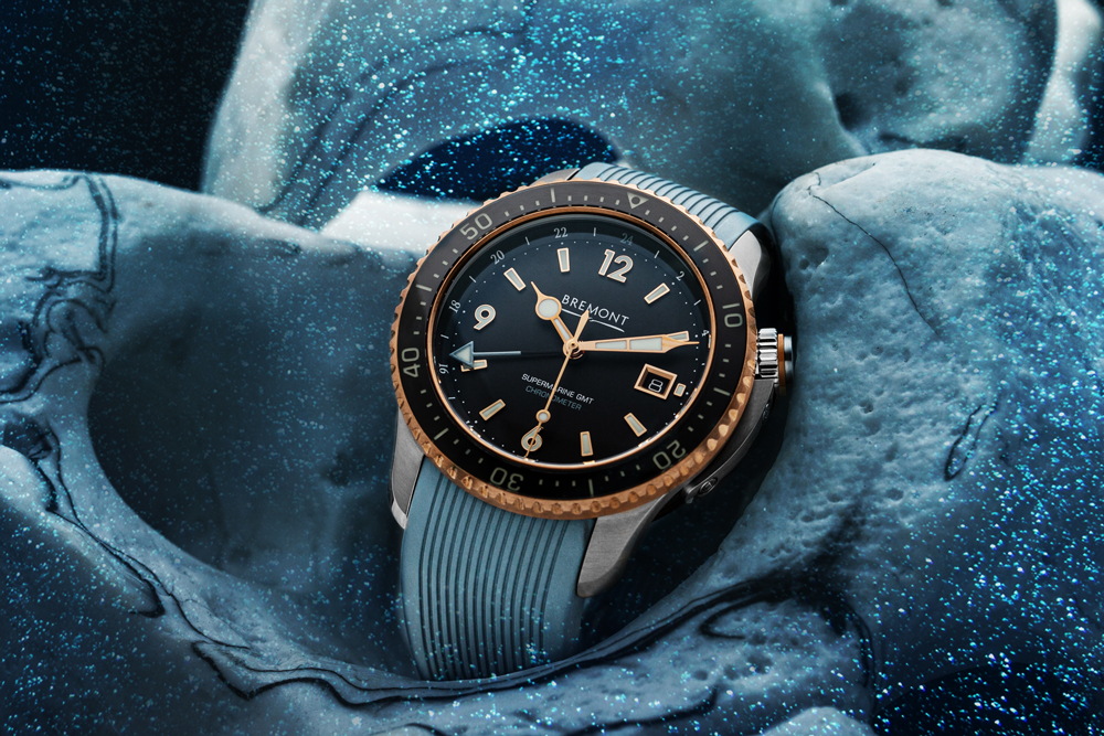 Bremont Supermarine Descent II light blue strap watch immersed in water