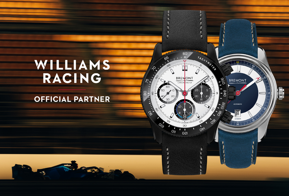 The 2 watches of the Bremont Williams Racing Limited Edition Box Set, on a dusk time racing background 