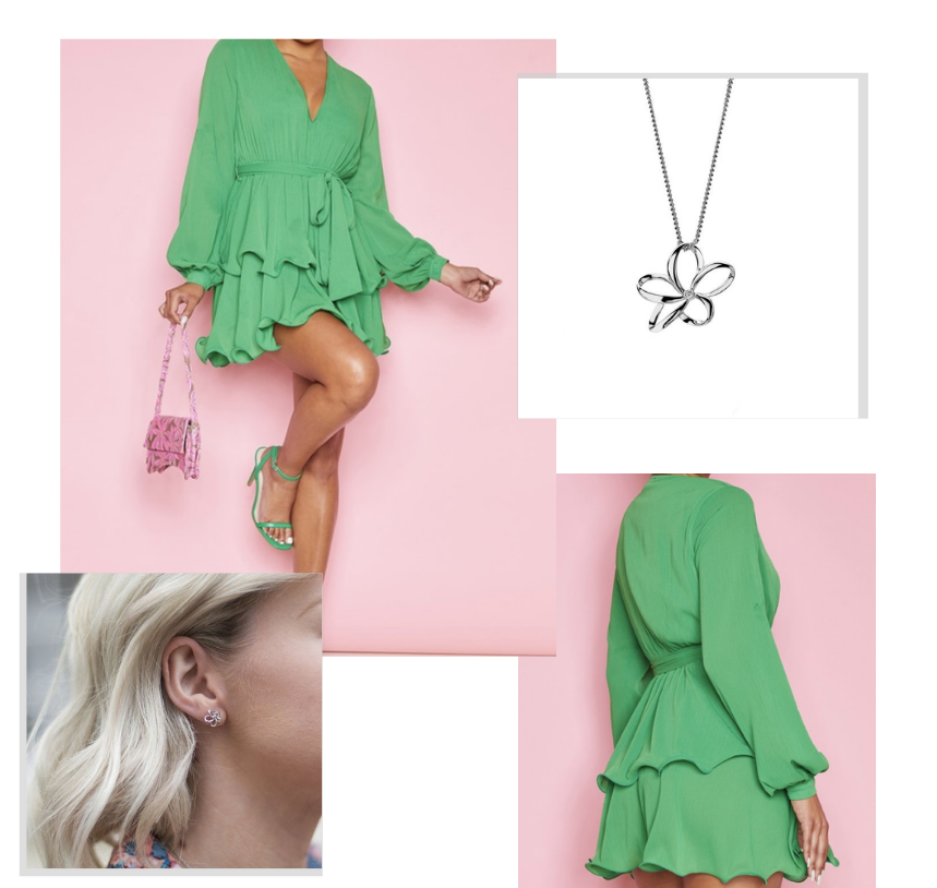 Mix of photos displaying a green summer dress with a silver flower necklace and matching earrings.