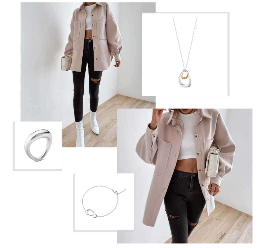 Display of images featuring a spring outfit look paired with silver necklace, earrings and ring. 