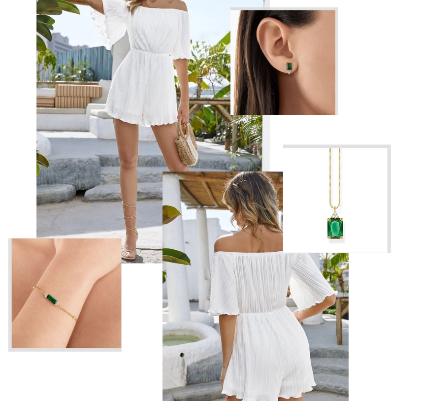 Image of a collection of photos, featuring a white summer playsuit and jewellery featuring deep green stones. 