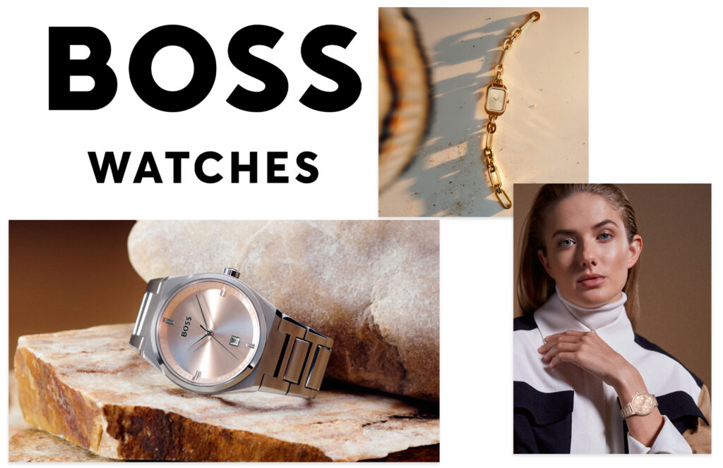 A compilation of images featuring BOSS ladies watches.

