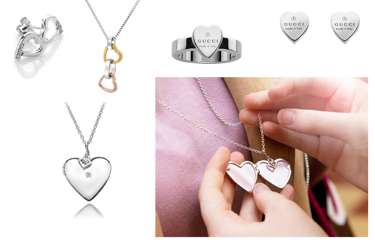 Compilation of product imagery featuring heart shaped jewellery.