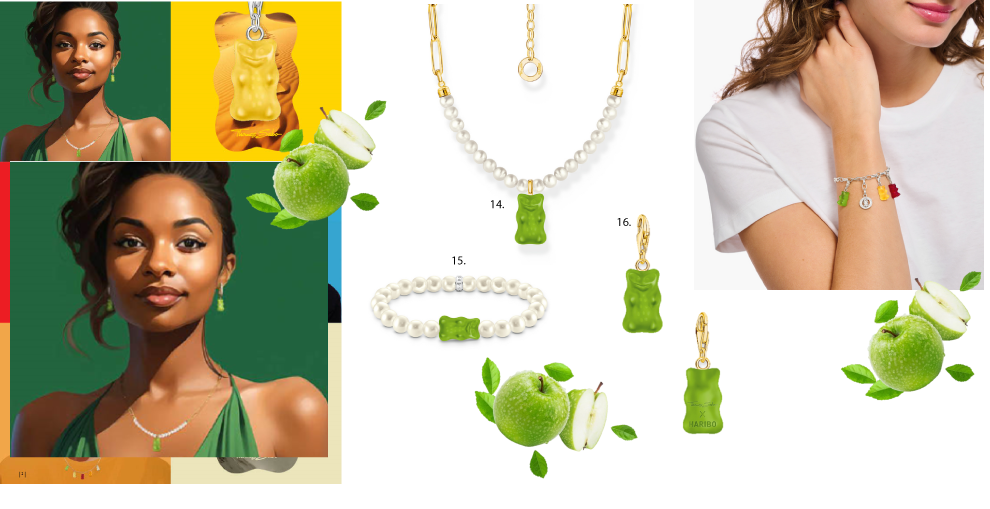 Lady wearing green top and green gummy bear earrings. Next to this is an image of Green sliced apples along side multiple images of green gummy bear and freshwater pearl jewellery.