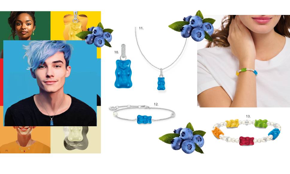 Man with Blue hair wearing blue gummy bear necklace on silver chain. next to this is an image of blueberries along with other blue bear motif jewellery.