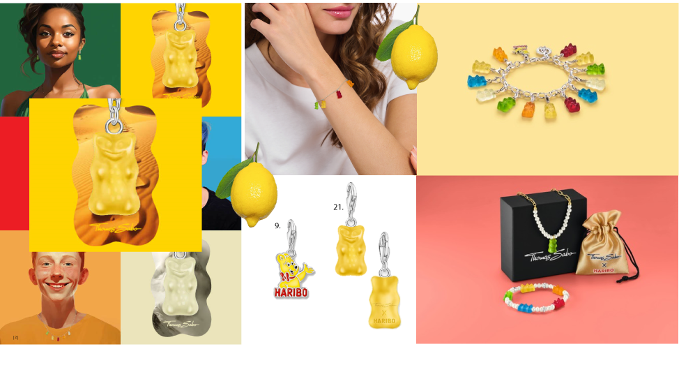 Image of yellow gummy bear with lemon image next to it. There is also an image of the Haribo logo on a silver charm, surrounded by other charms and bracelets.