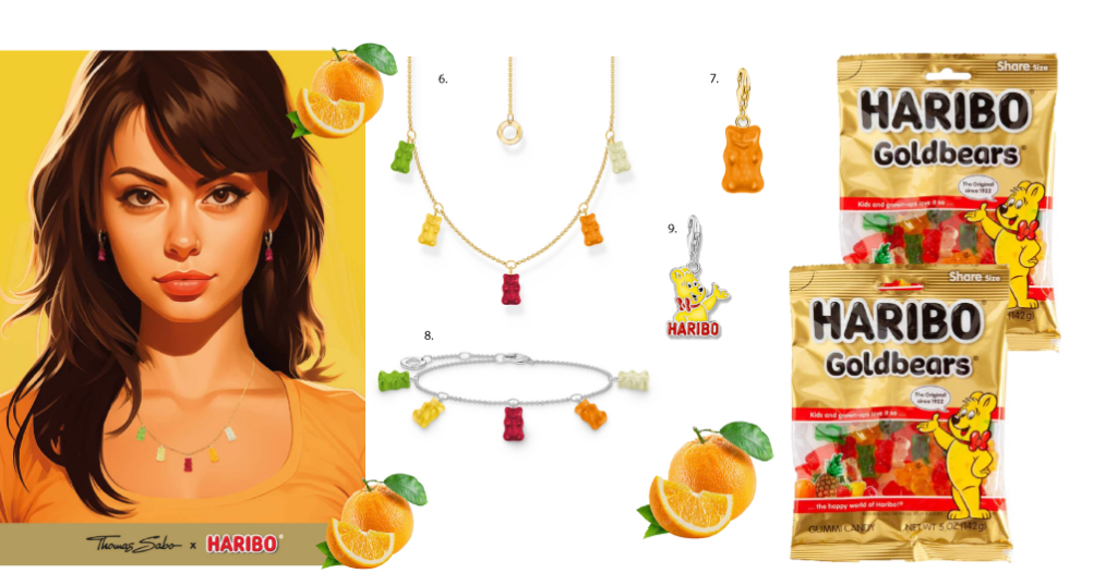 Brunette lady wearing Thomas Sabo Haribo necklace. Next to this is a more detailed picture of the multicoloured Haribo necklace.