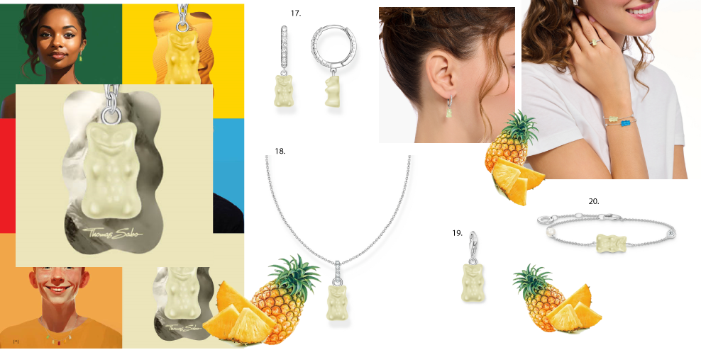 Image of pale yellow pineapple flavoured gummy bear with Thomas Sabo logo below. Next to this is an image of pinapples and other pale yellow gummy bear jewellery.